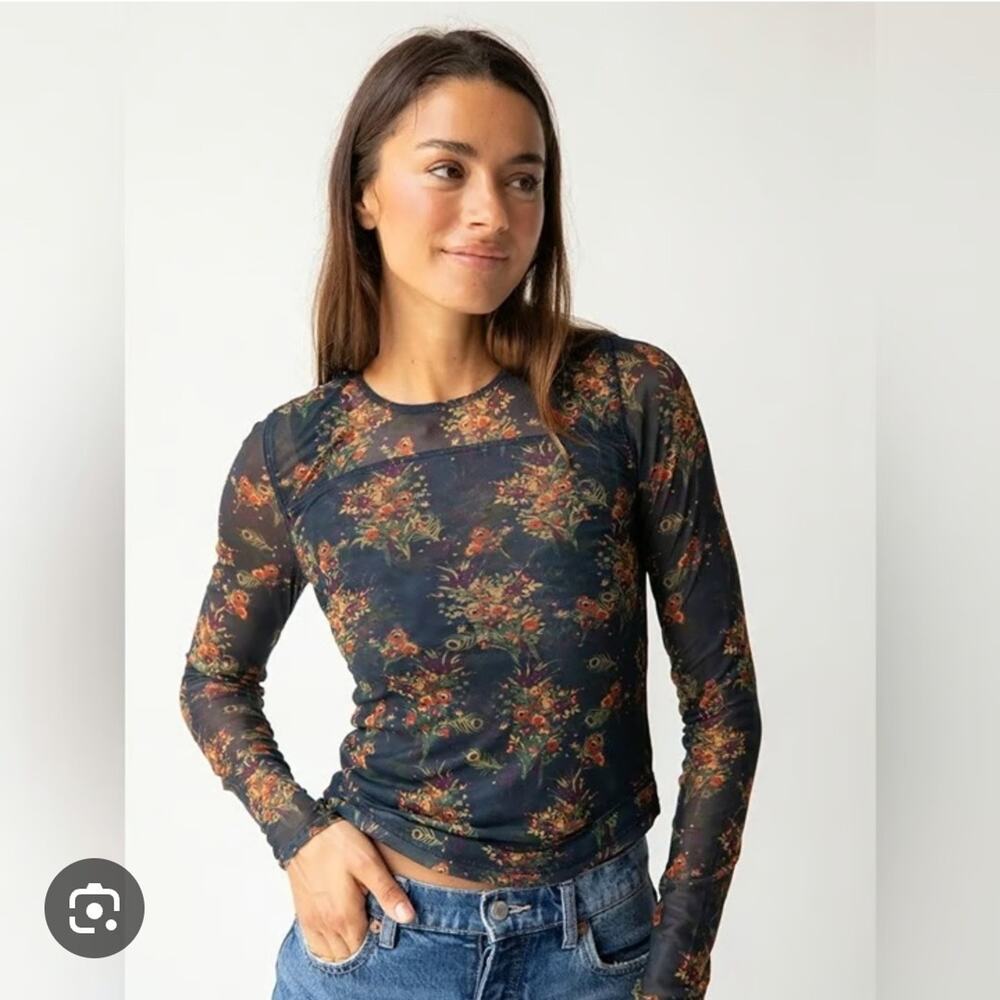 Natural Life Womens Black Floral Sloane Mesh Long Sleeve Top Small - Picture 1 of 9